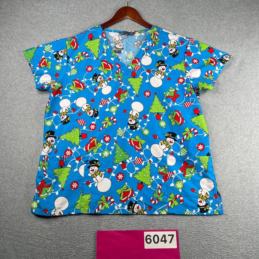 Christmas Snowman Print Scrub Top Serene Uniforms Blue Casual Womens XL Holiday
